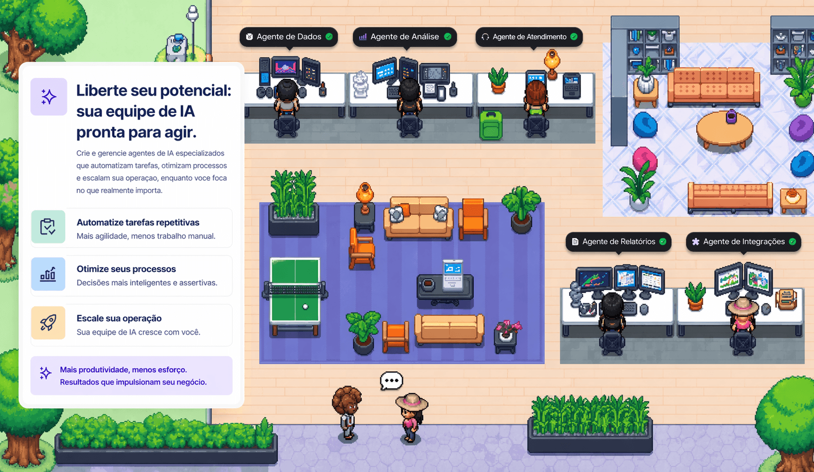Visão do workspace AgentOffice com agentes colaborando em tempo real
